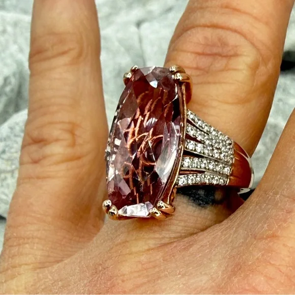 Morganite Cushion Cut Ring Rose Gold Over Sterling CZ Pave Size 7 - Picture 7 of 17